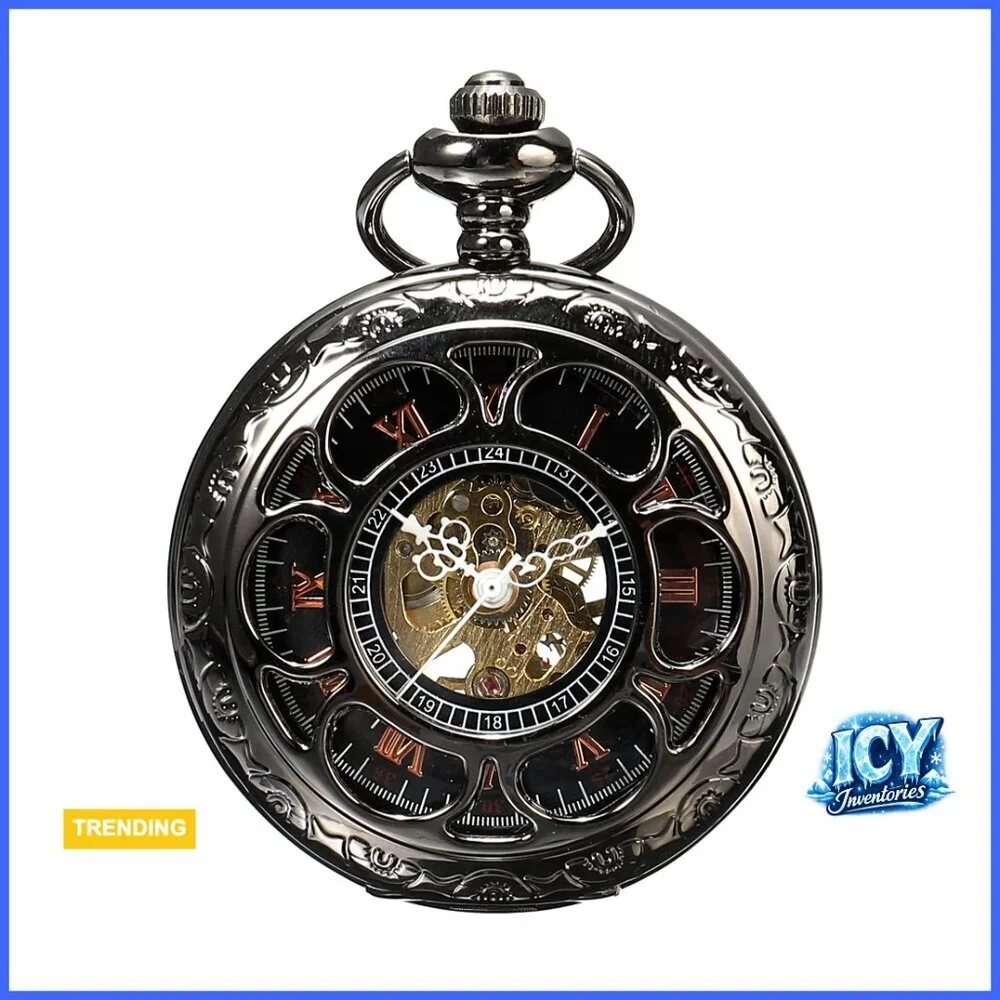 Mechanical Hand Wind Pocket Watch with Chain, Vintage Steampunk Accessory